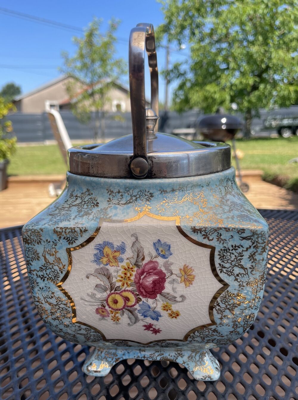 ENGLISH PORCELAIN BISCUIT BARREL ALICE BLUE AT TEA TIME DELICACIES