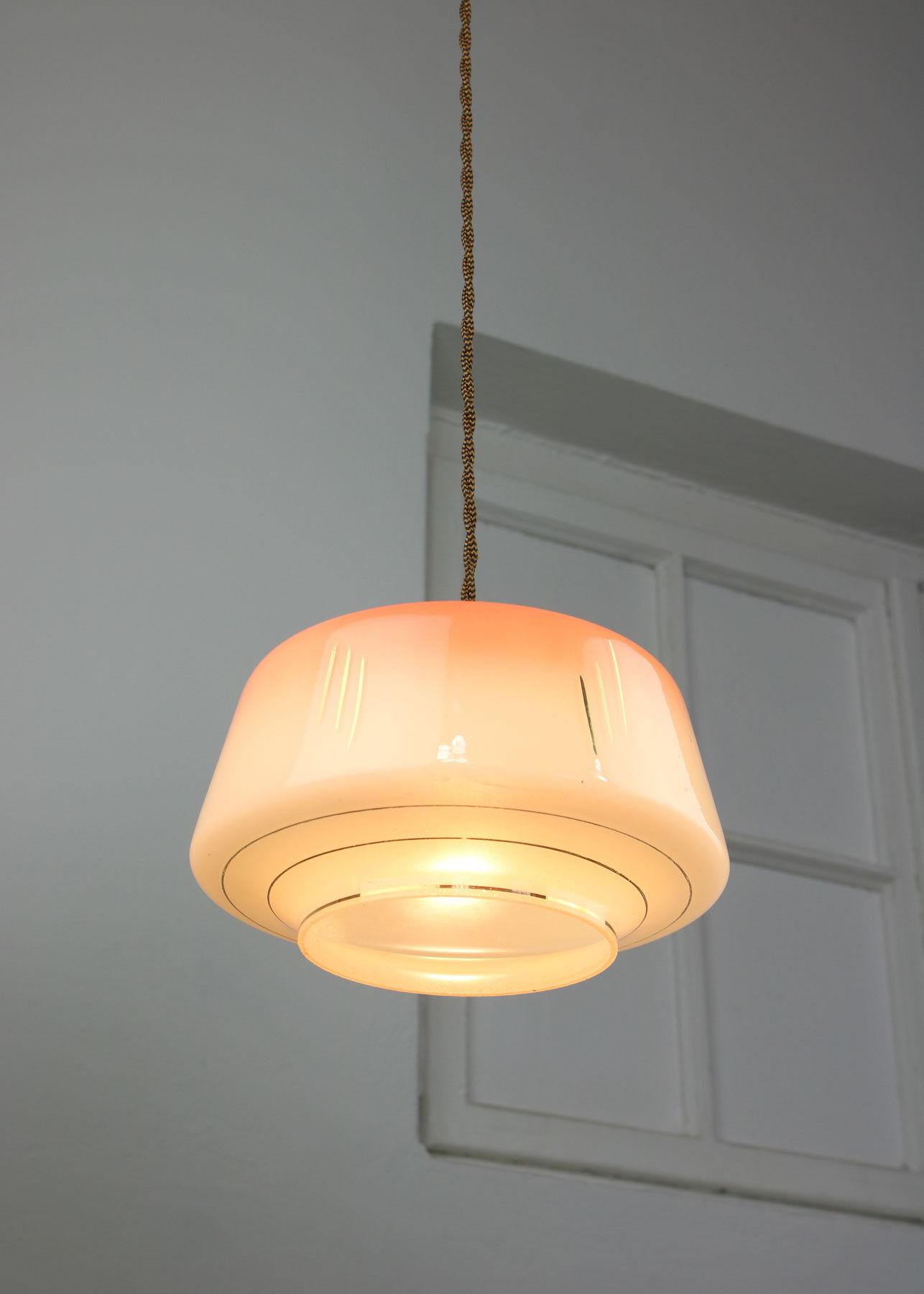 Vintage glass & brass salmon pendant lamp