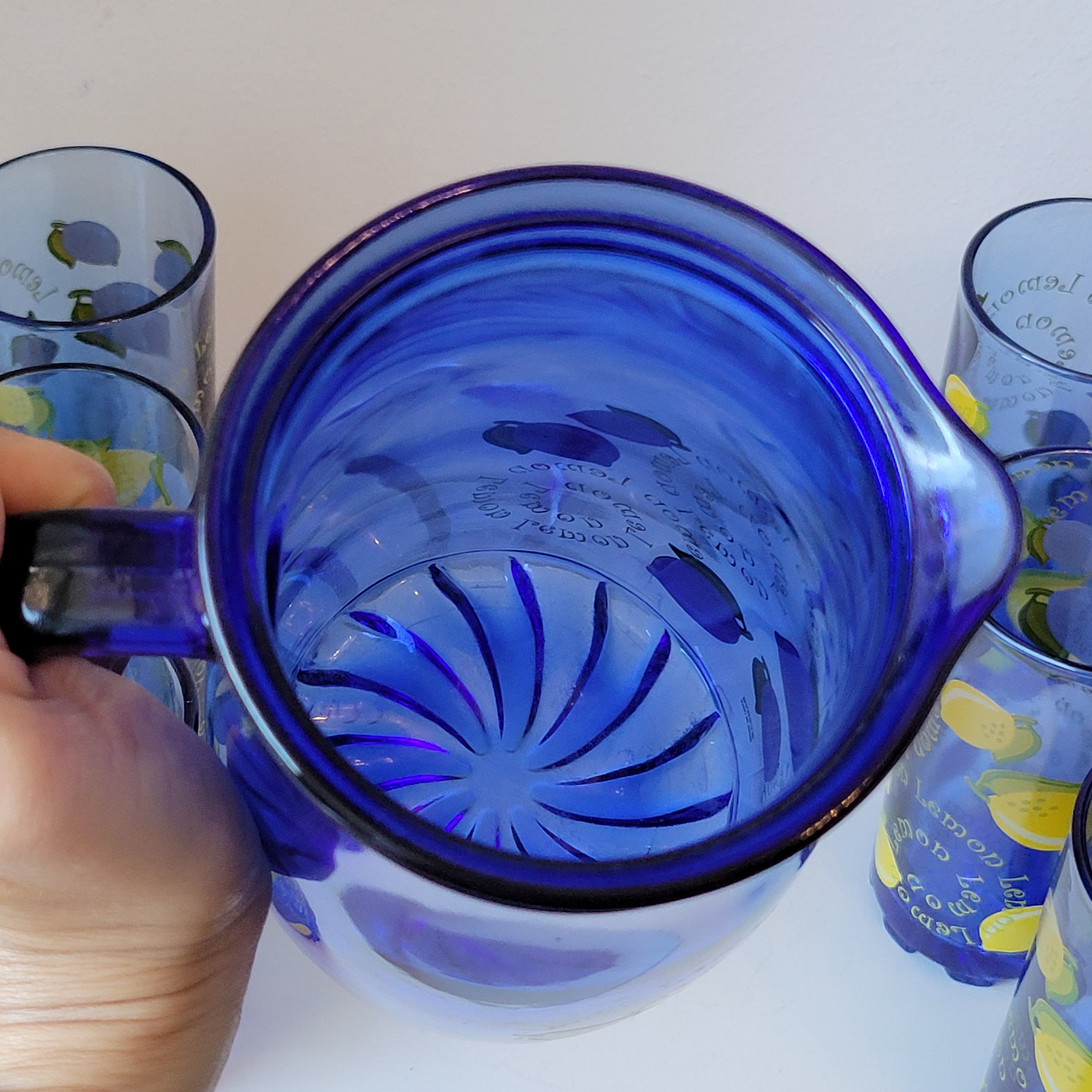 Service to orangeade citronnade in vintage blue glass carafe + 6 glasses