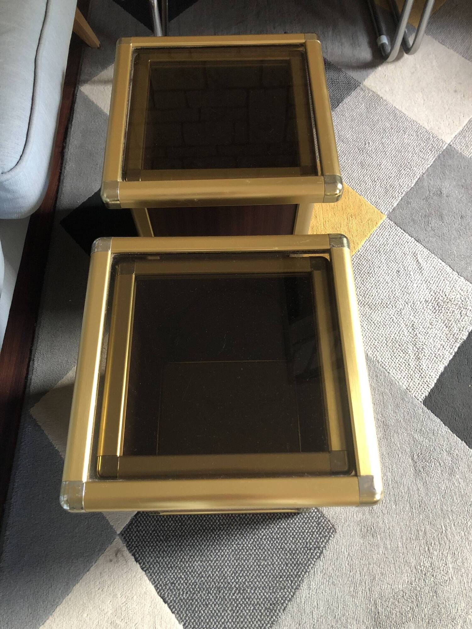 Set of 2 Italian design Hollywood Regency brass and mini bar coffee tables.