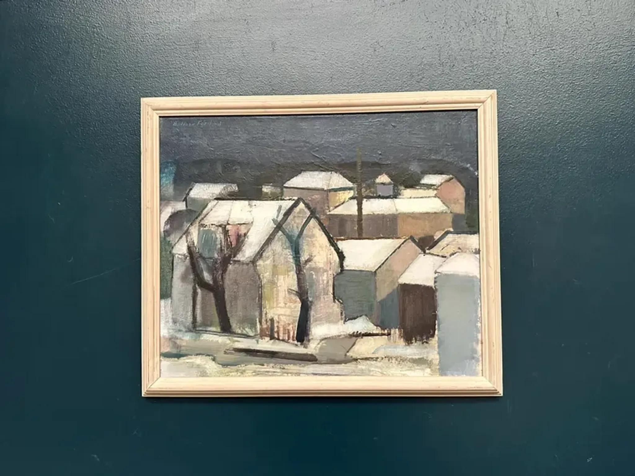 Original Swedish Oil on Canvas – "Winter Night in the City" by Helmer Forslund – Signed – Vintage and Framed – 45 × 37 cm (17.7" × 14.6")