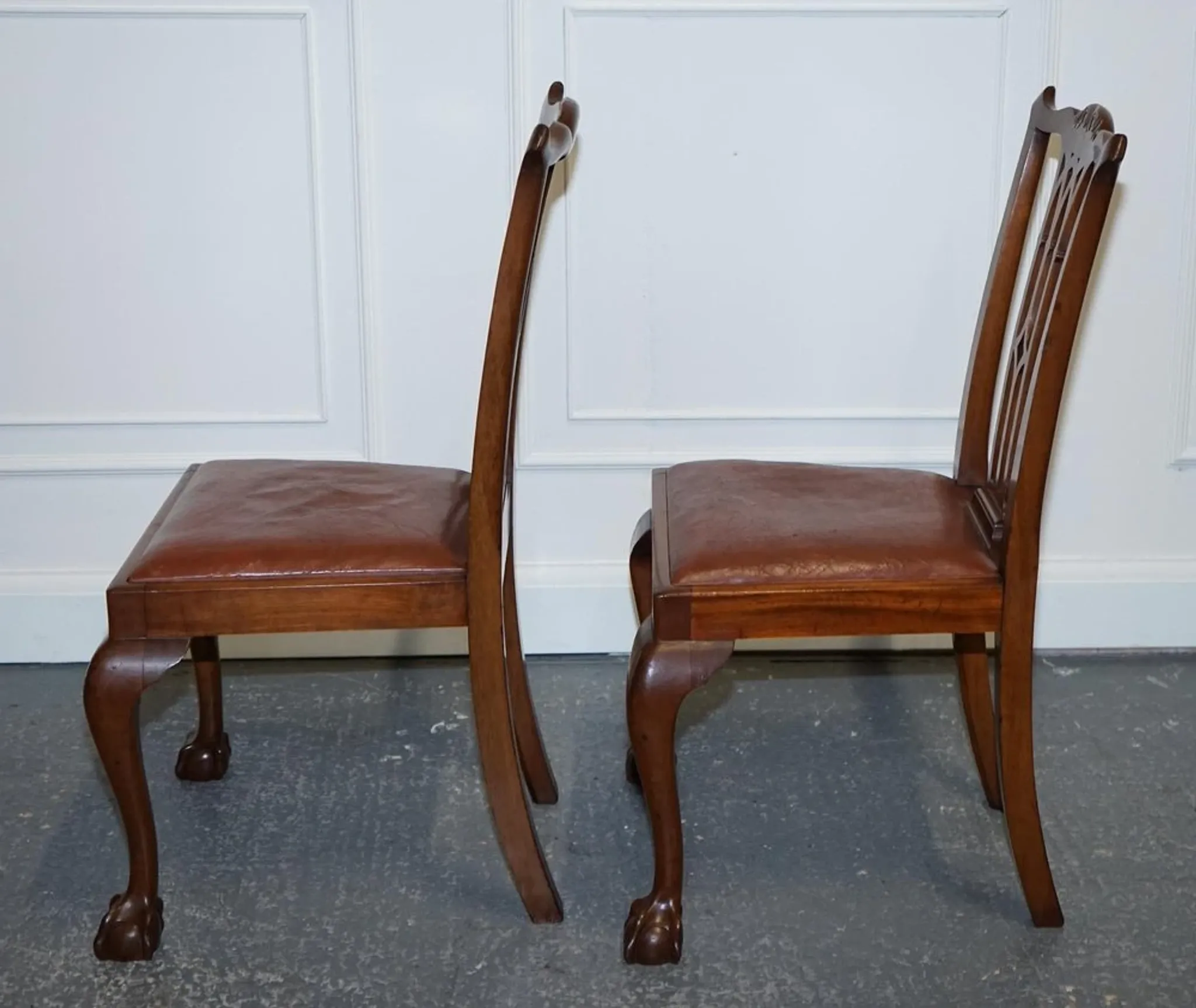 Chippendale Style Dining Chairs with Leather Seats, Set of 5