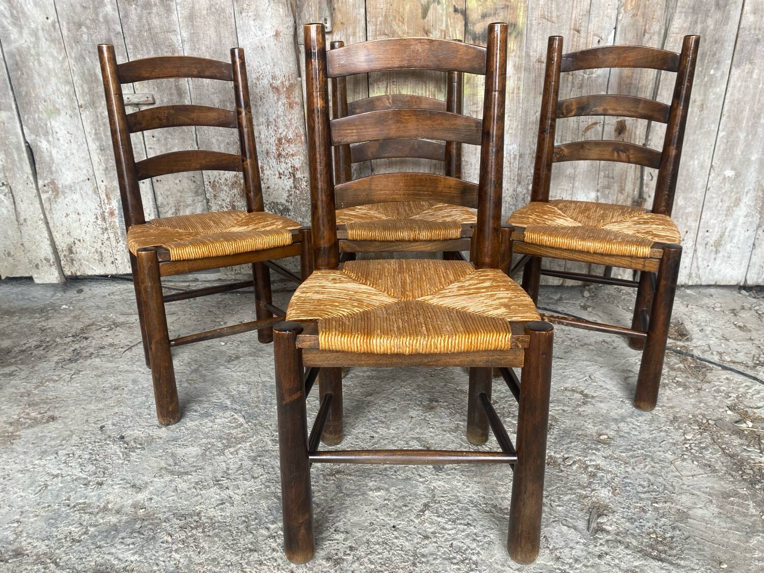 Set of 4 antique chairs georges robert brutalist wood + straw seat
