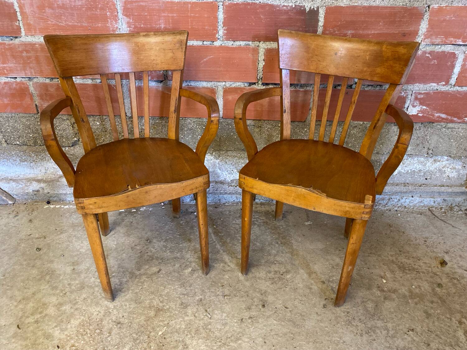 Pair of Antique FISHEL Vintage Wood Armchairs #C623