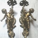 Pair of bronze wall lights, angels, cherubs, cherubs