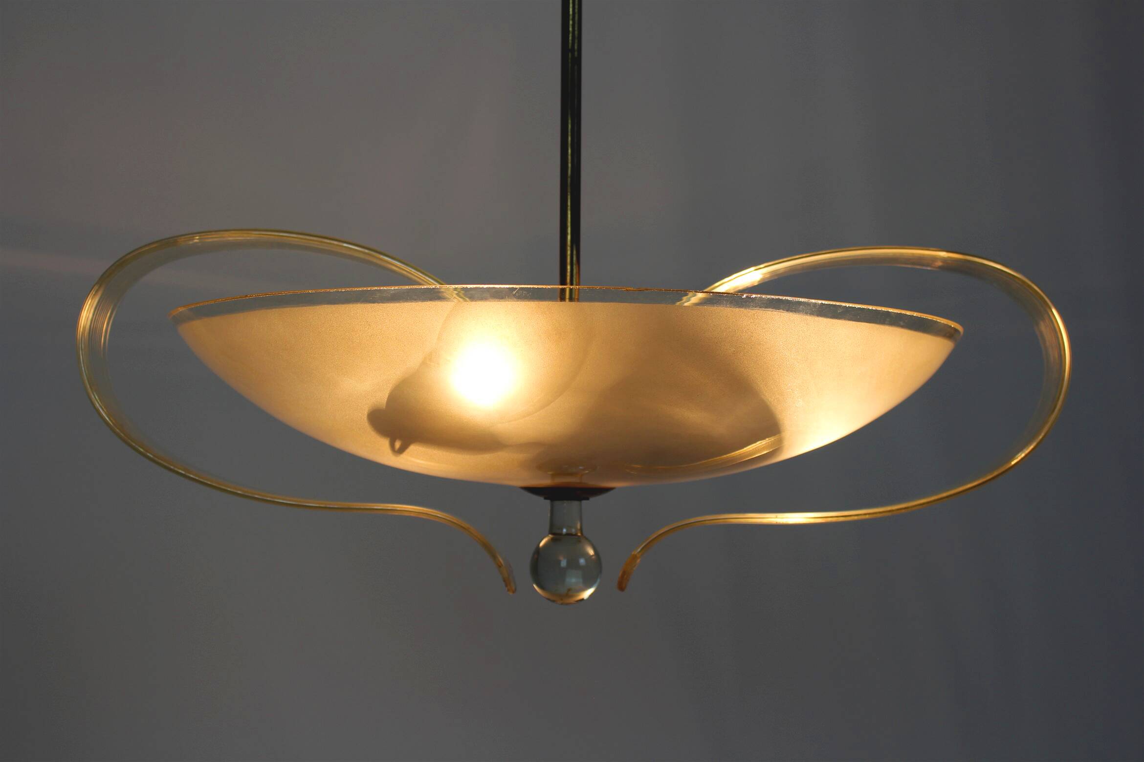 Brass and Curved Glass Ceiling Light from ESC Zukov, 1940s