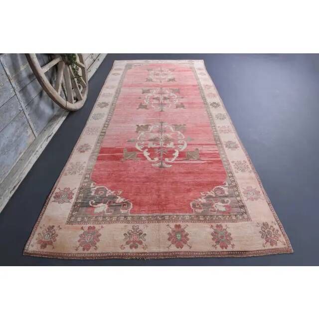 Vintage Turkish Oushak handmade pink cotton wool runner rug 163x370