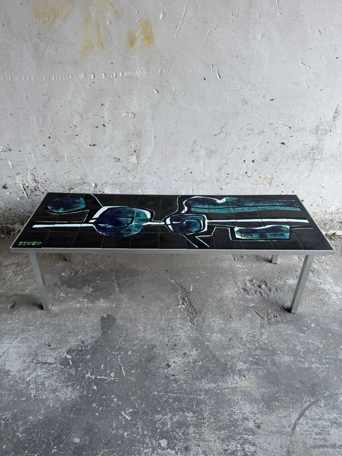 Mid-century Denisco ceramic coffee table — black, blue and white glazed tile top with silver metal base