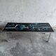Mid-century Denisco ceramic coffee table — black, blue and white glazed tile top with silver metal base