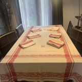 Vintage Large Damask Tablecloth with Six Monogram M Napkins.