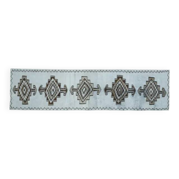 Tapis couloir vintage turc Oushak fait main en laine et coton bleu 91x352 cm des années 1970