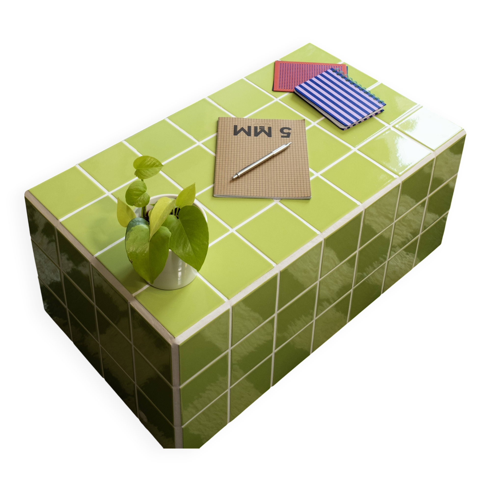 Glossy lime green ceramic tile coffee table Handmade in Paris