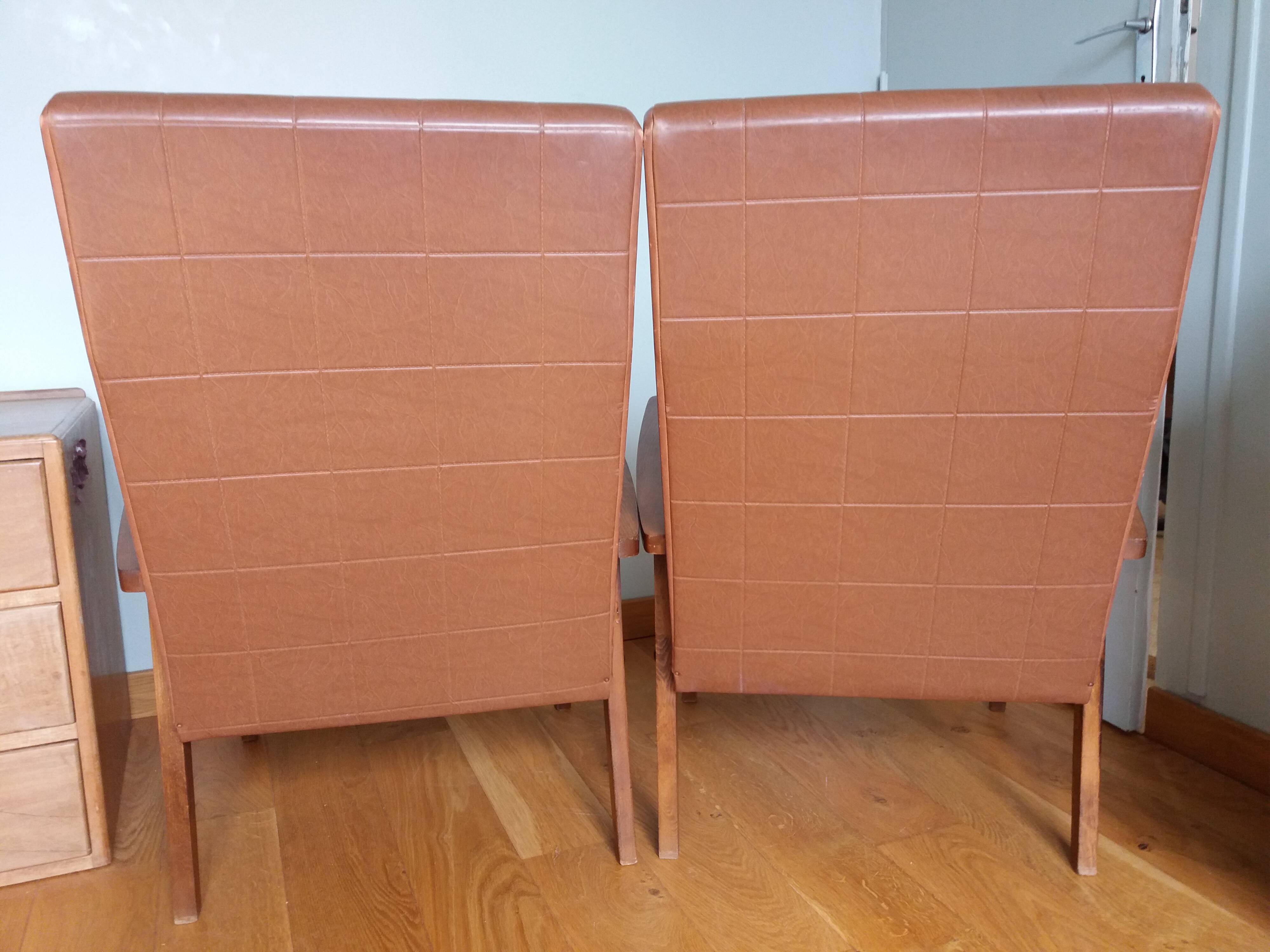 Scandinavian vintage brown skai and wood armchairs