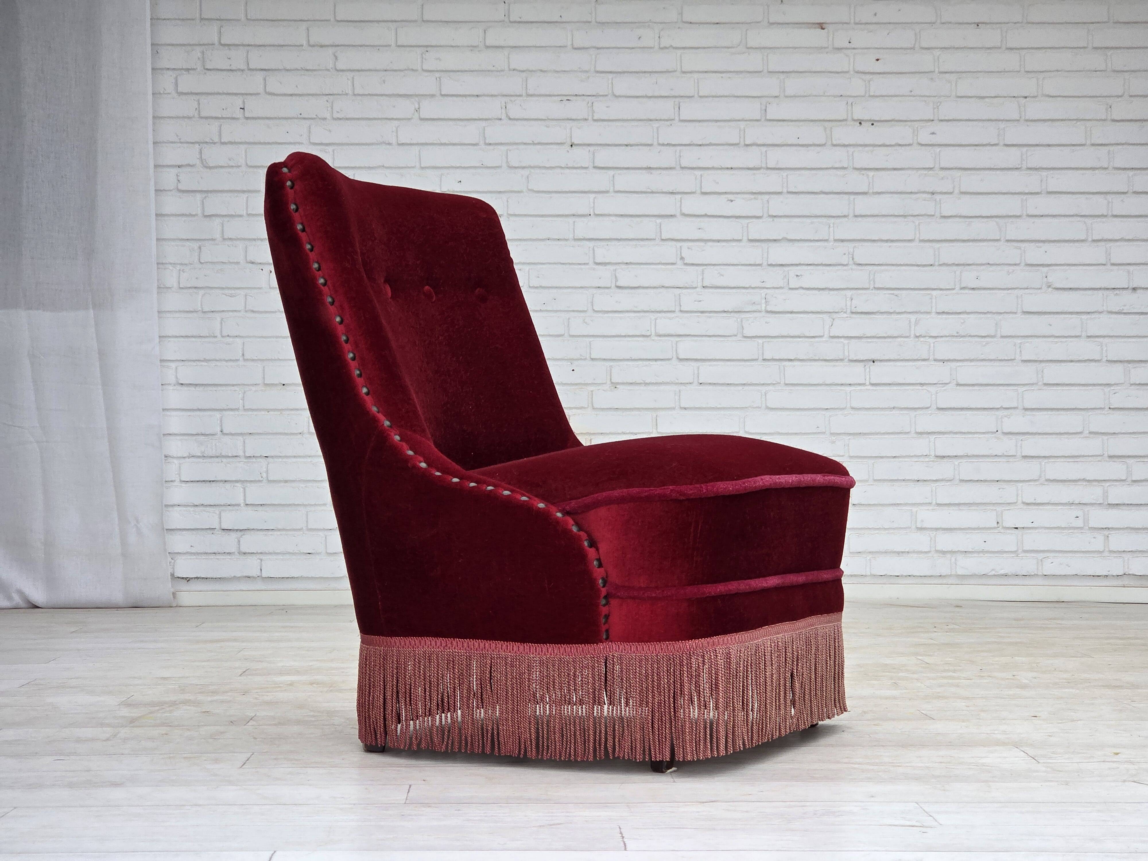 1960s, Danish armchair, original red furniture velour, beech wood legs.
