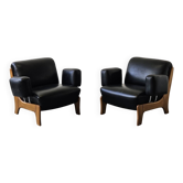 Paire de fauteuils vintage brutaliste , cuir et bois , années 70