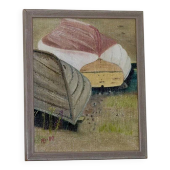 Huile sur toile moderniste suédoise originale de 1989 « Bateaux »