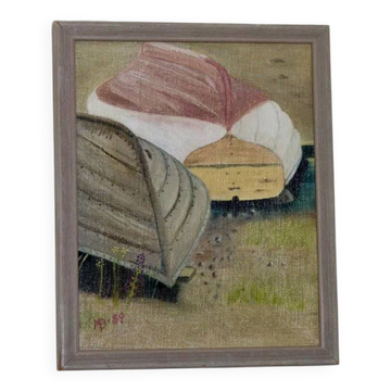 Original Swedish modernist oil on canvas from 1989 "Boats"