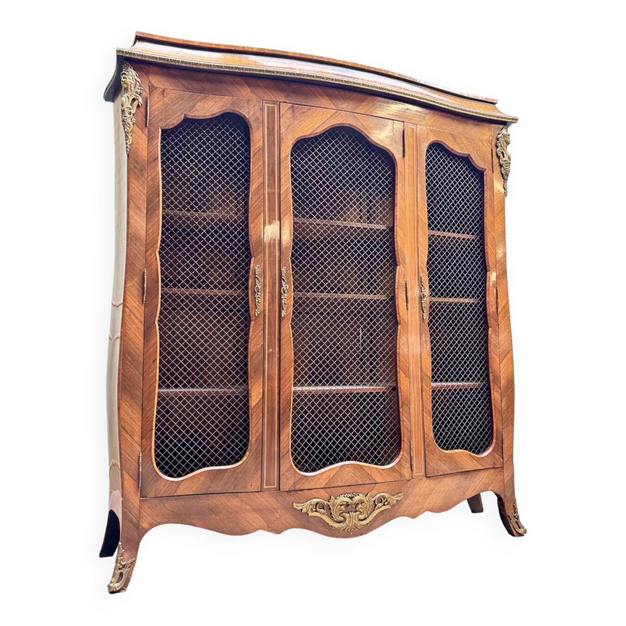 Bookcase Three Doors In Louis XV Style Marquetry XIX Eme Century