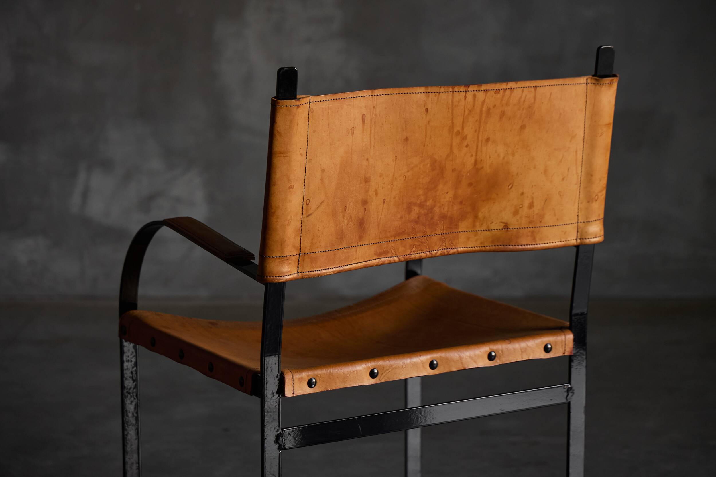 Cognac Leather Armchair, Black Lacquer Steel Frame, Belgium, 1960s