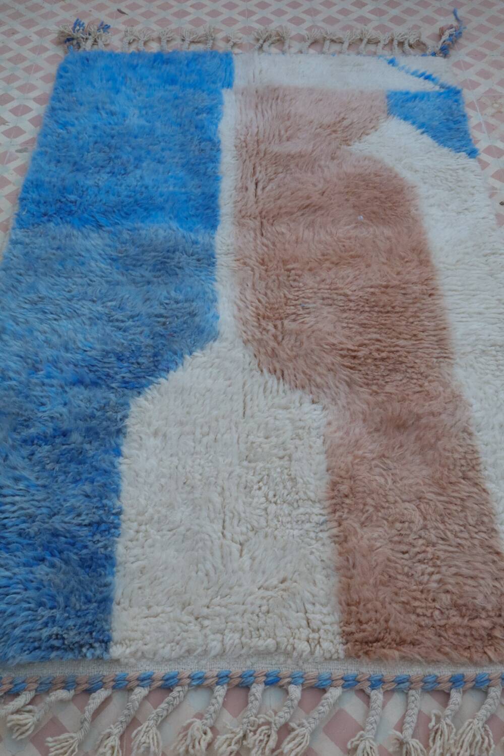 Modern light blue and beige colorful Berber rug