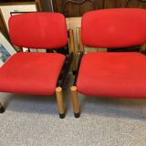 PAIR OF VINTAGE DESIGN ARMCHAIRS FROM THE 80S IN RED AND LIGHT BROS FABRIC