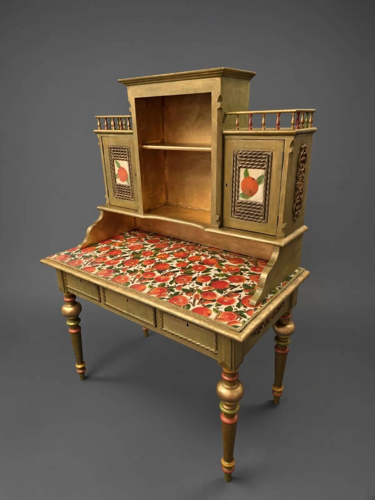 Antique Norwegian secretary desk | Restored gold & green fruit decoupage