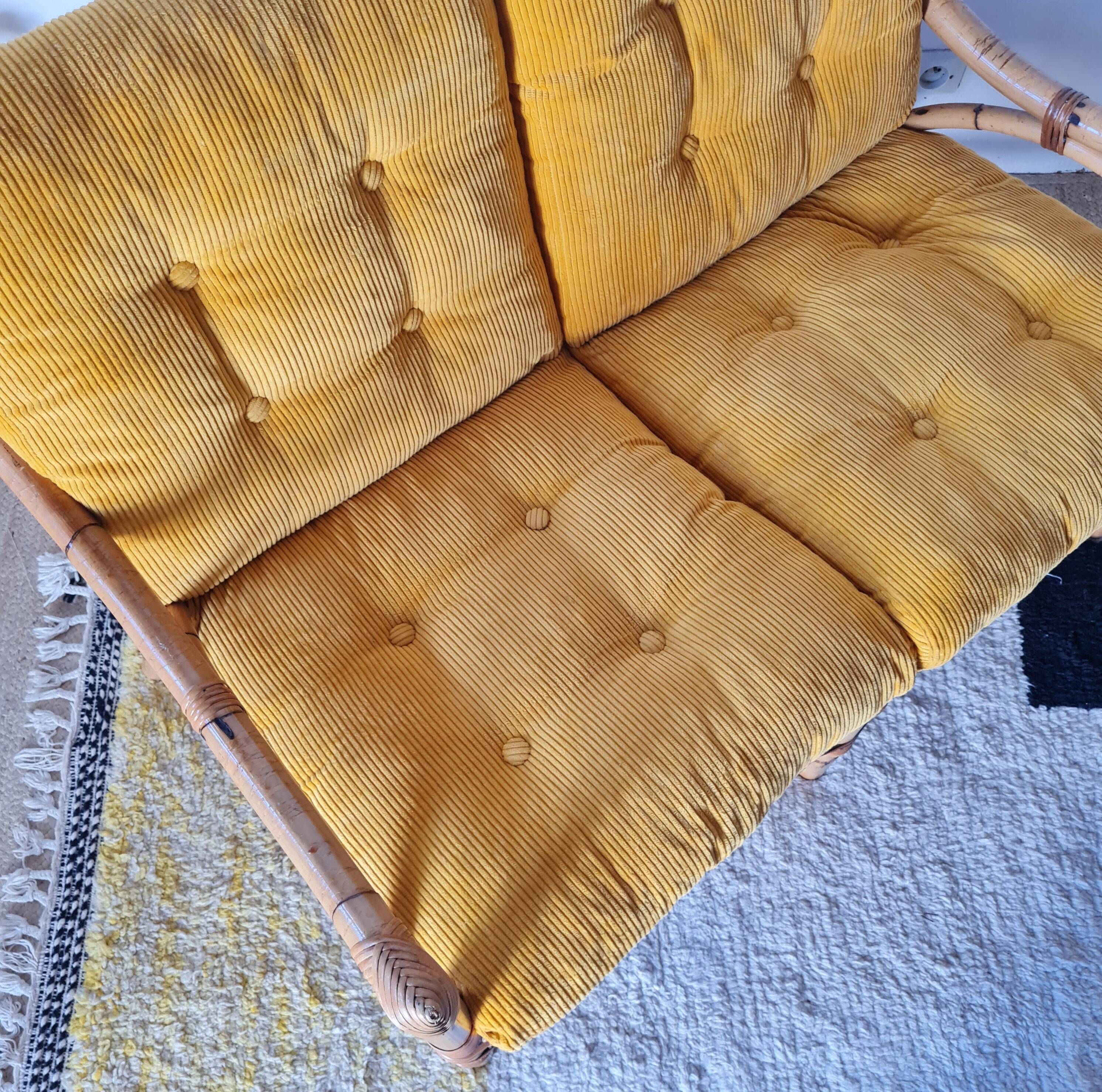 1960s rattan bench - yellow velvet