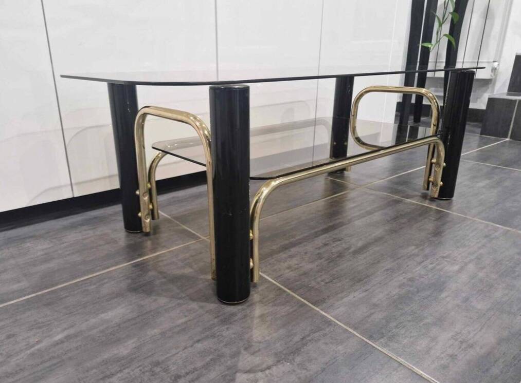 Vintage coffee table in gold metal and smoked glass, 1970s