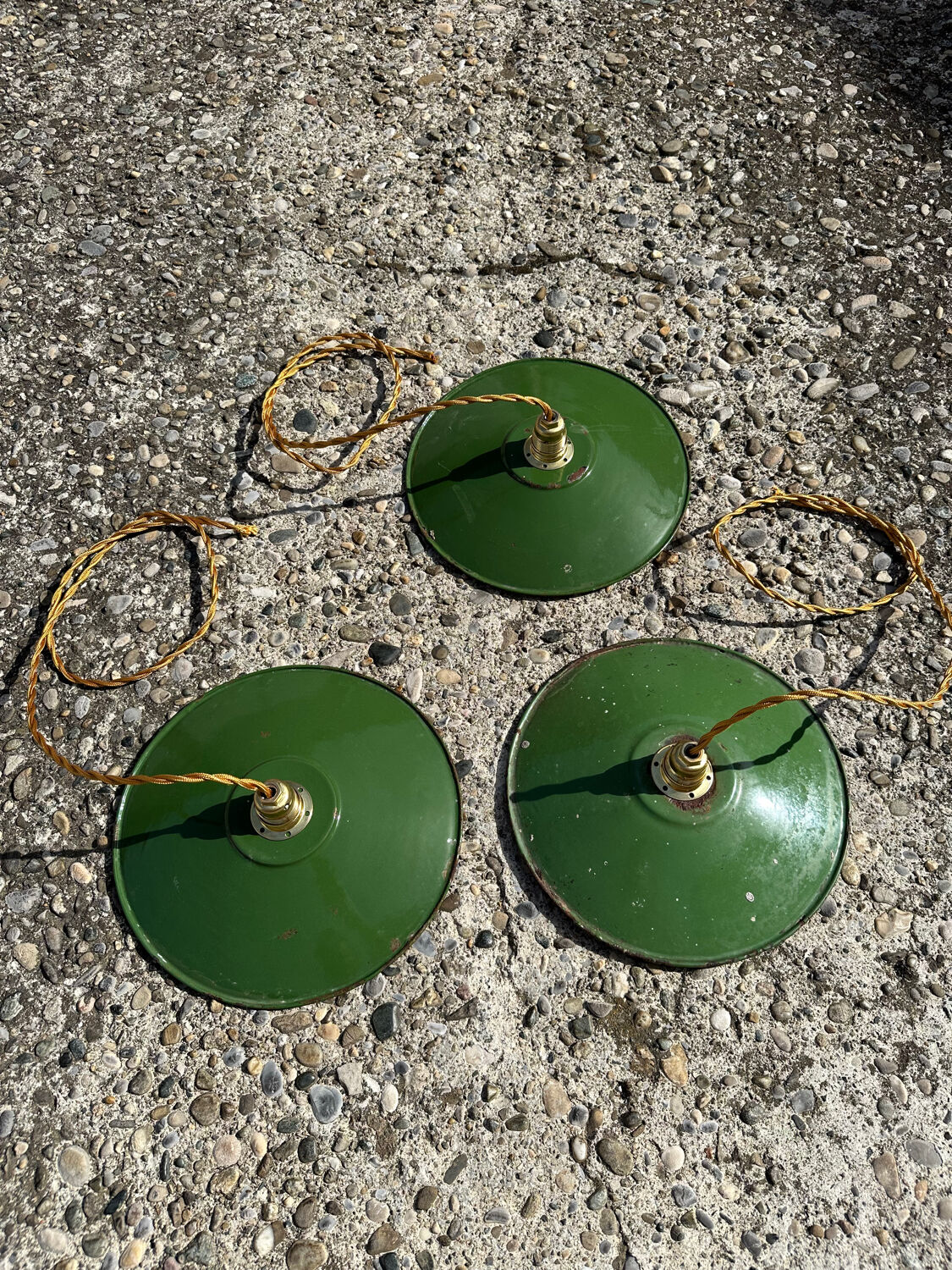 Trio of vintage pendant lights in green and white enameled sheet metal, industrial farmhouse decor