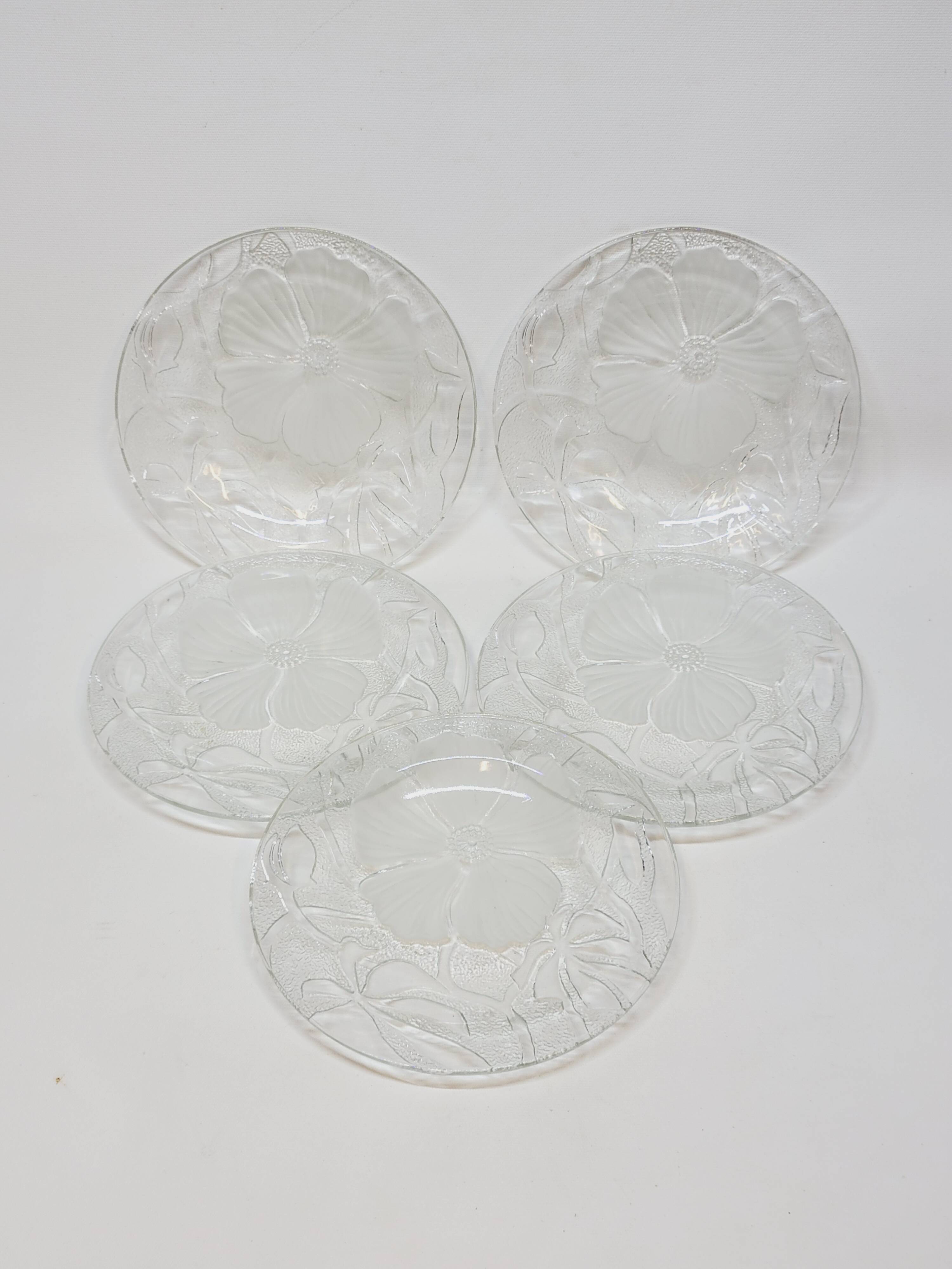 5 Small Transparent Frosted Glass Plates Vintage Floral Decor Kig Indo
