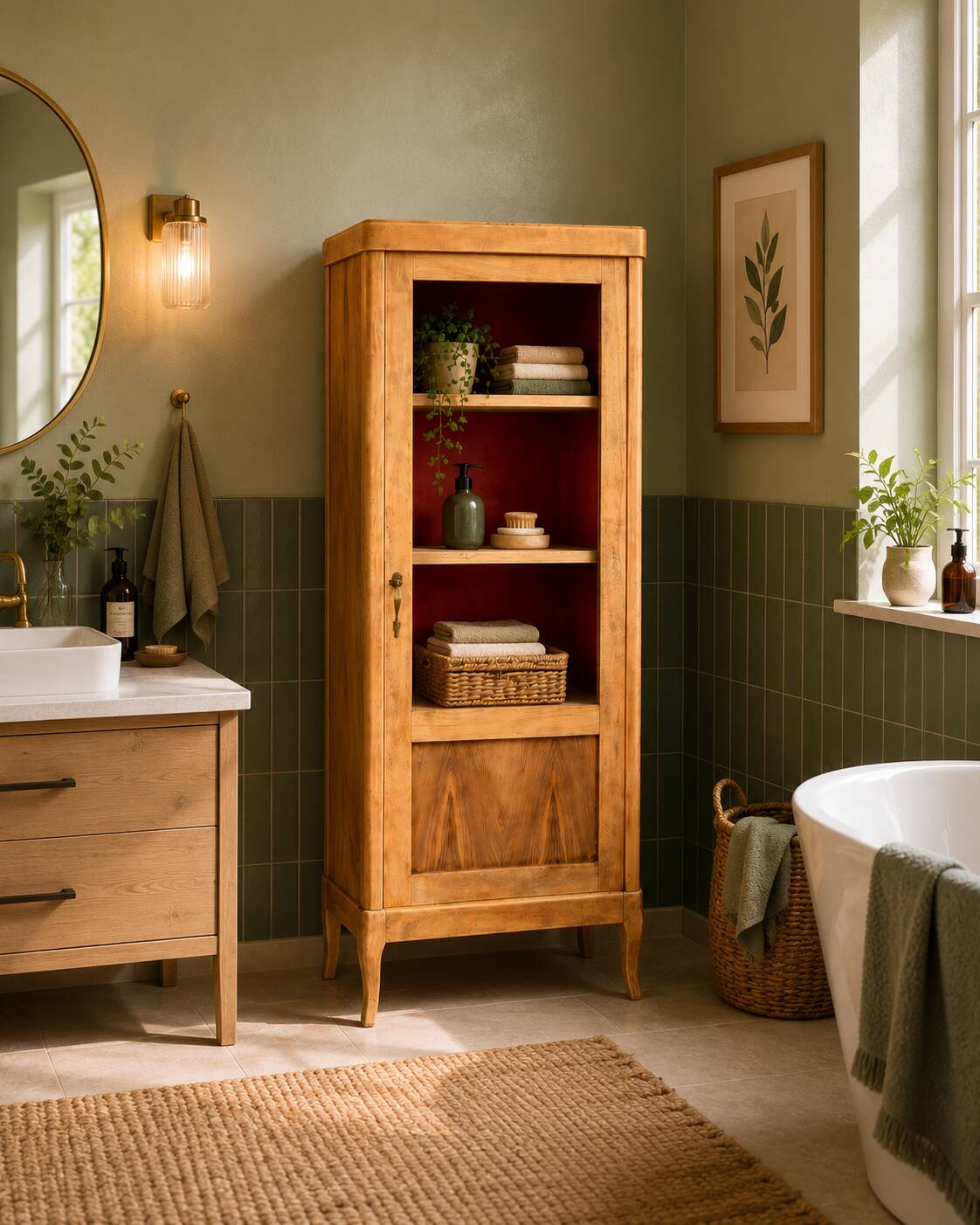 Armoire vitrée vintage bois brut 1950