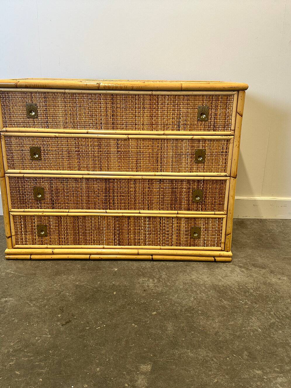 Midcentury bamboo, rattan and brass chest of drawers by Dal Vera, Italy, 1970s
