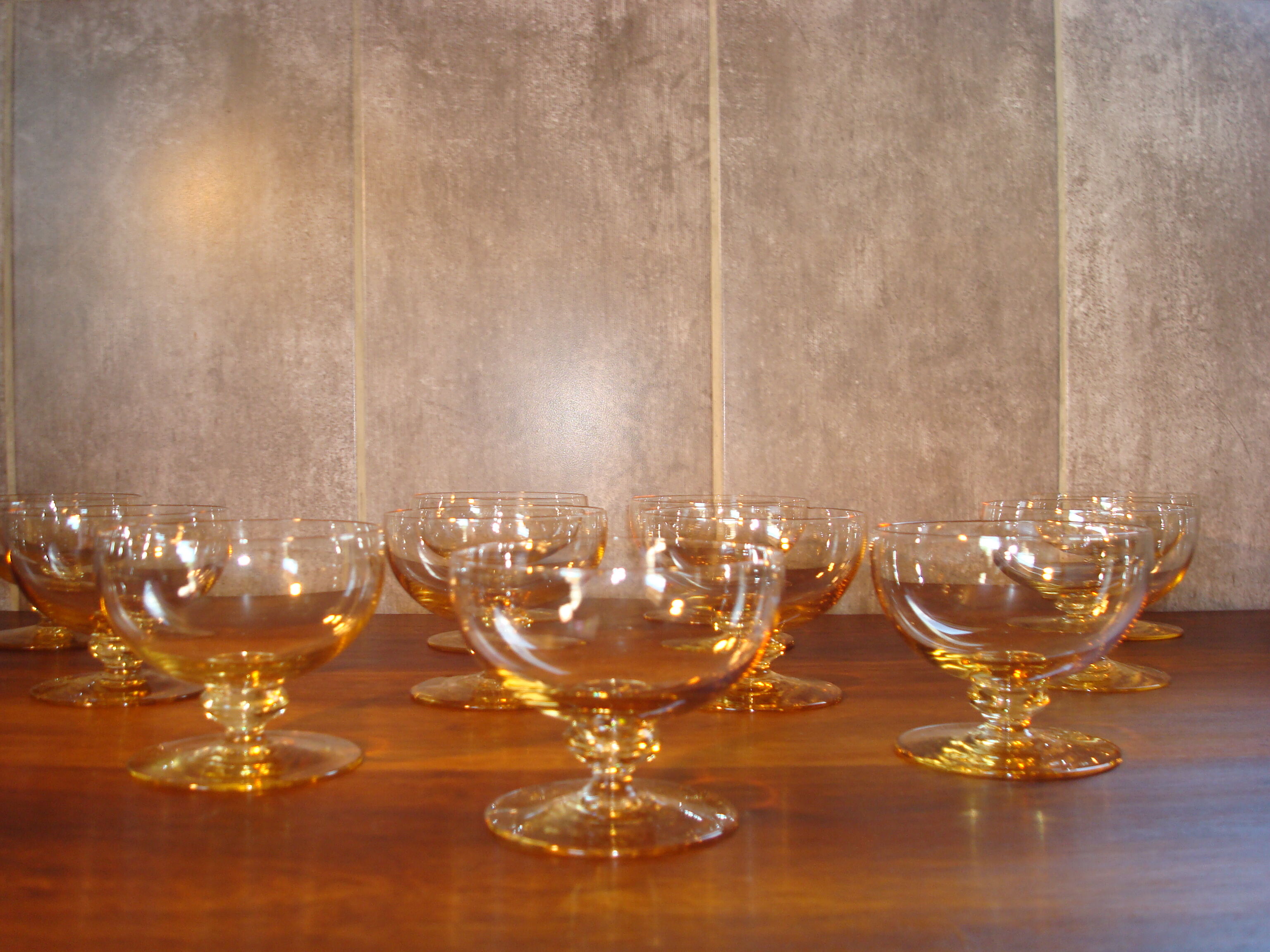 10 crystal Champagne cups, Daum Nancy, amber yellow color, vintage.