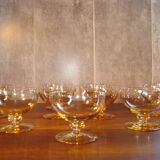 10 crystal Champagne cups, Daum Nancy, amber yellow color, vintage.