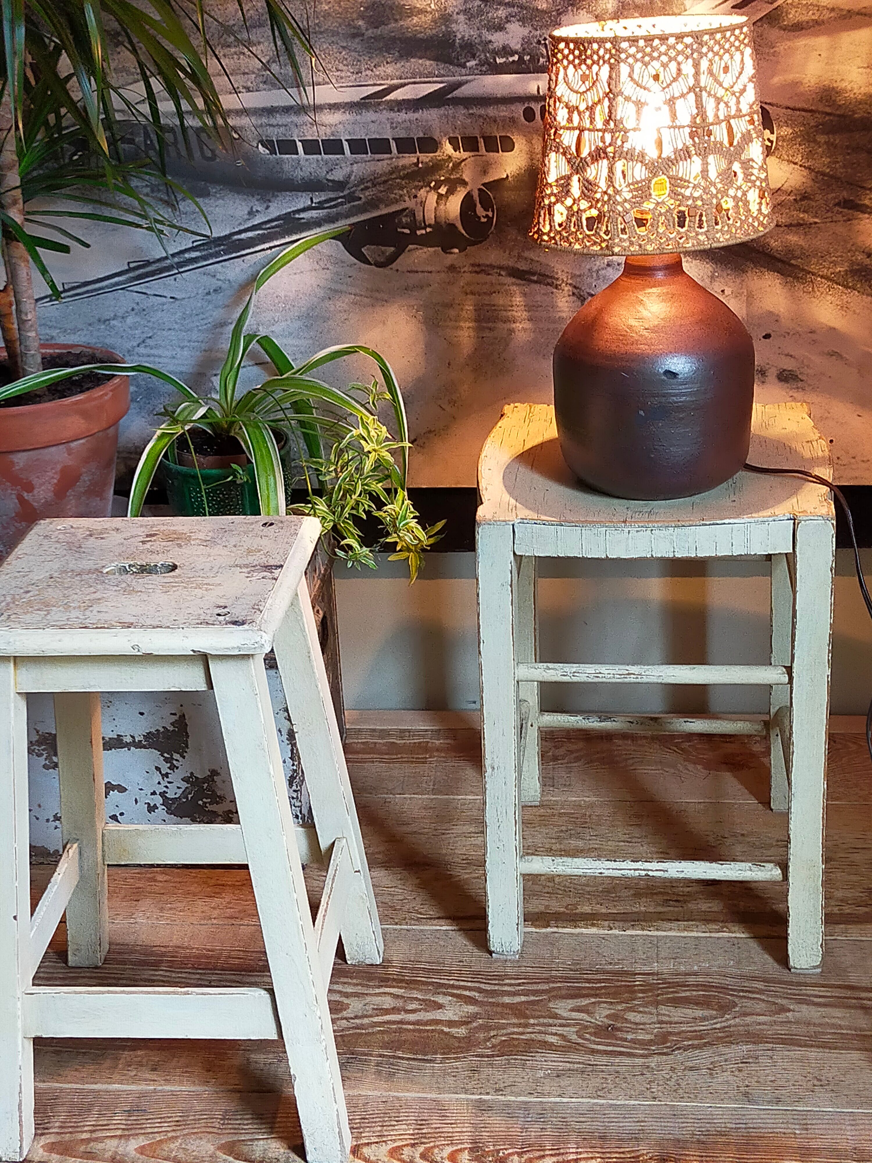 Old patinated painted wooden stool