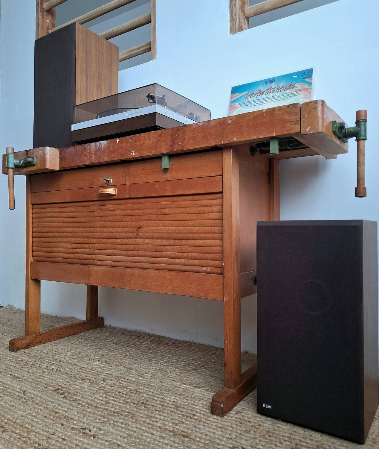 Vintage workbench with vices, antique workshop furniture.