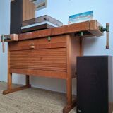 Vintage workbench with vices, antique workshop furniture.