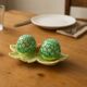 Salt & pepper set in slip – artichokes on leaf tray