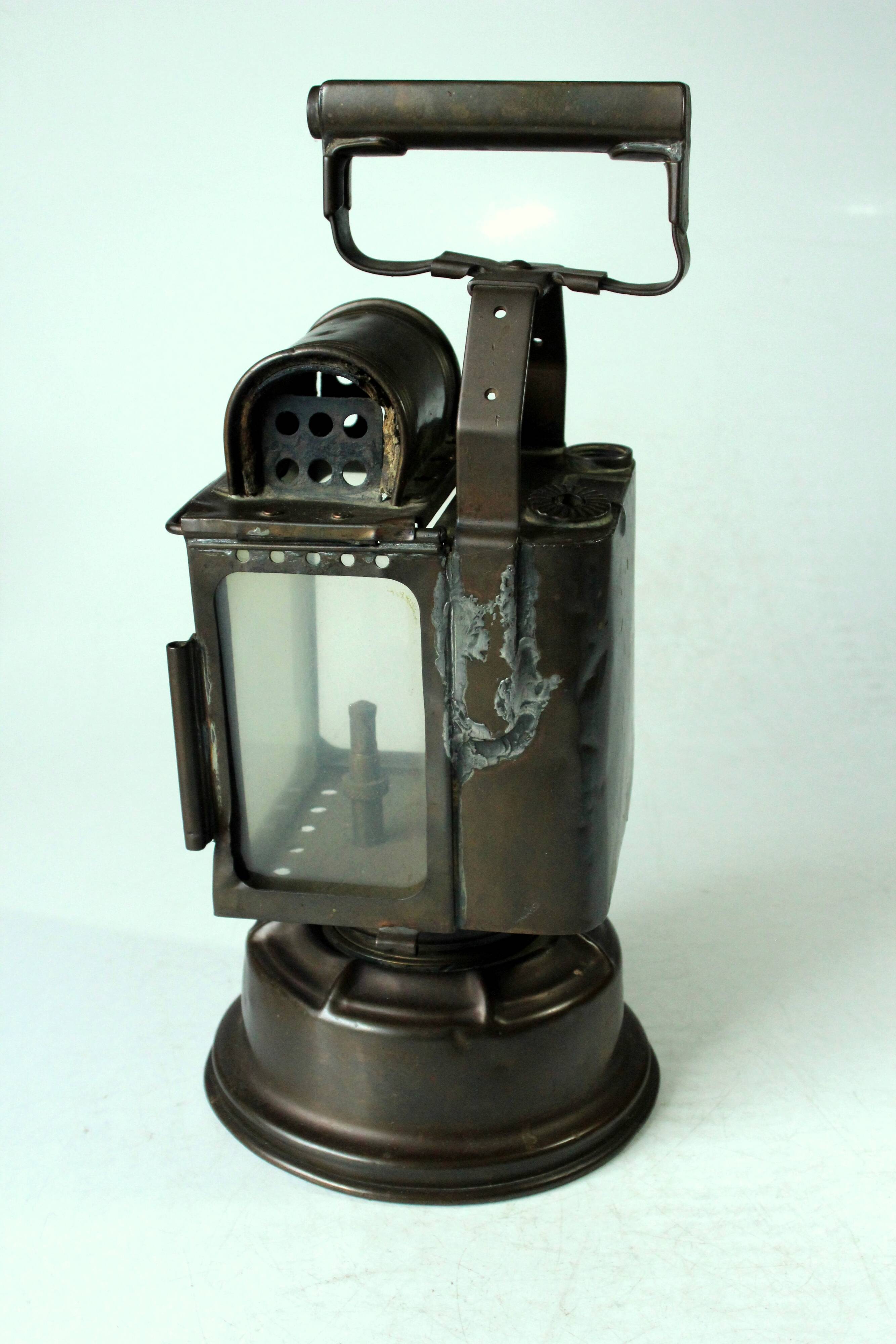 1930s - old carbide lamp, railway signal lamp, made of copper, metal and glass, by A. Butin/Paris