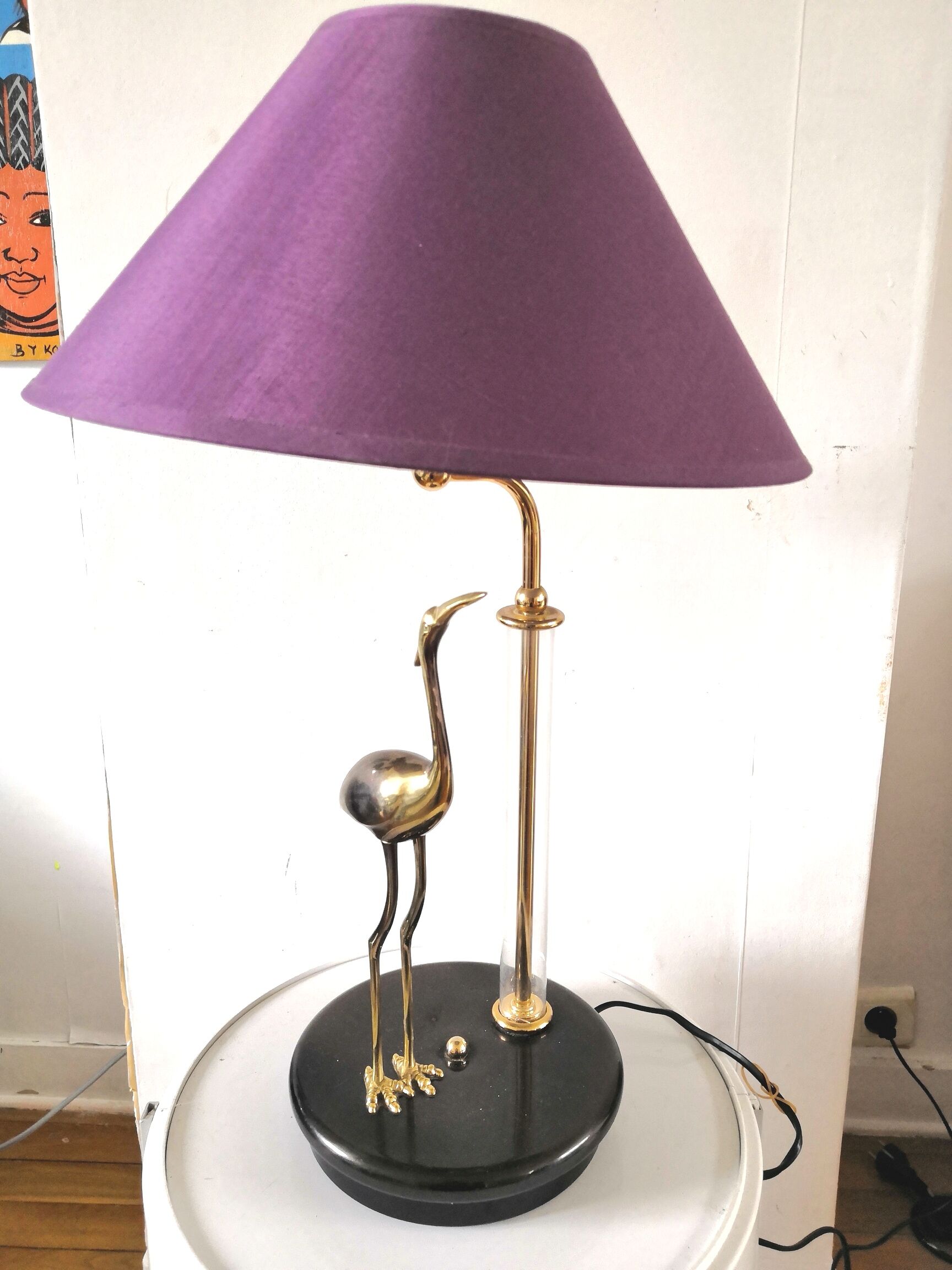 Lampe héron en laiton et tube verre design années 70