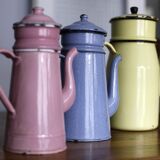 Set of old coffee makers in enamelled sheet metal