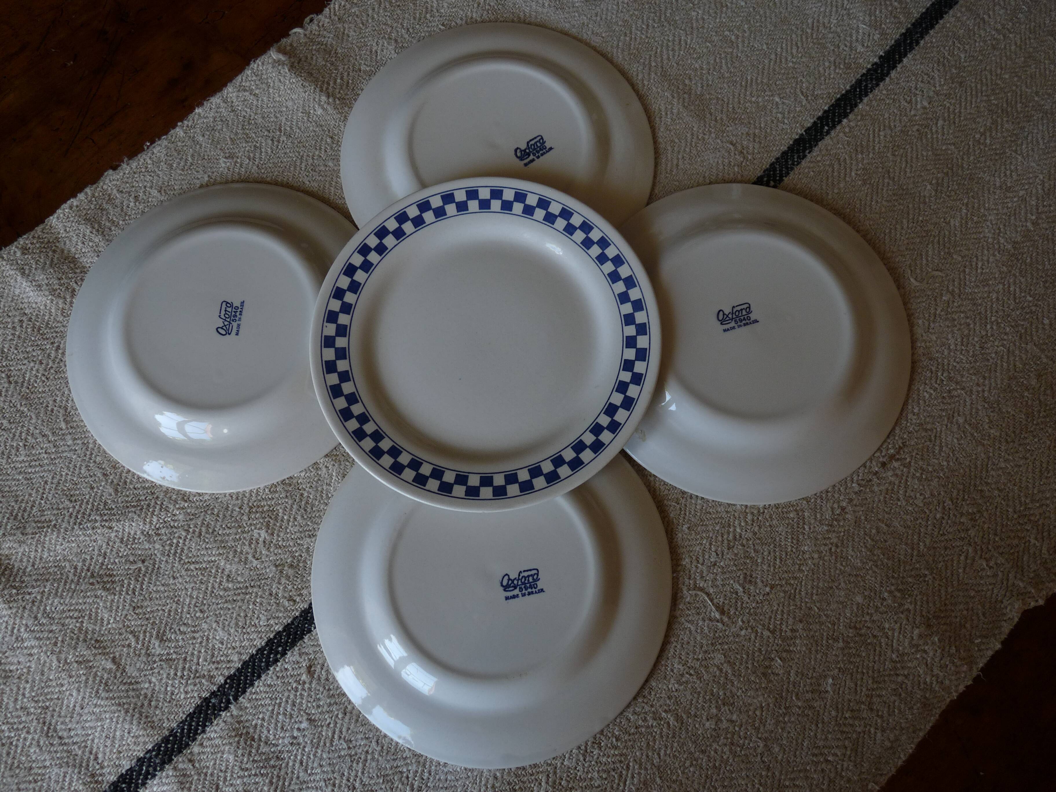 6 dessert plates blue checkerboard décor style Lustucru Oxford Brazil