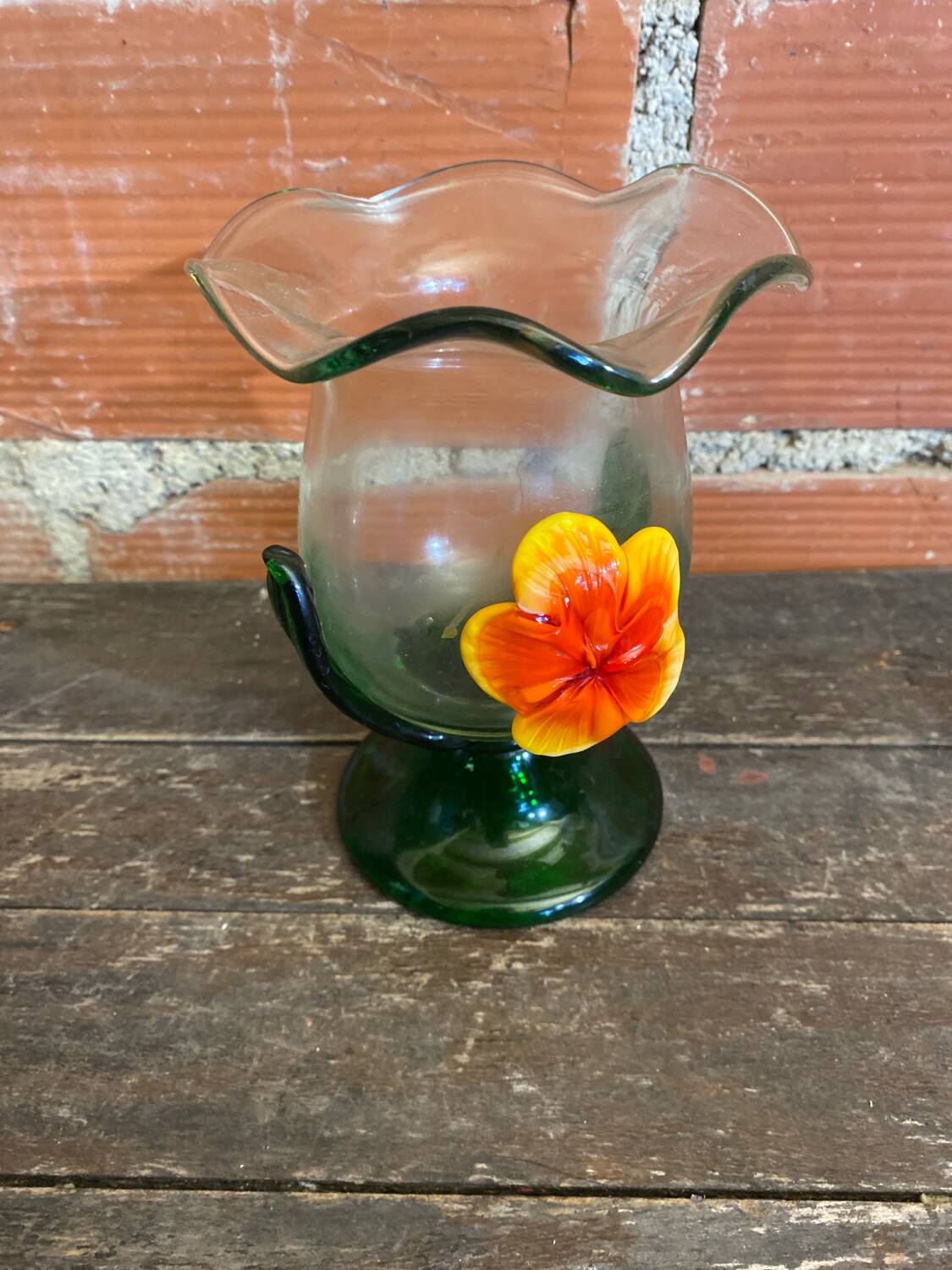 Vintage Murano Glass Vase with Orange and Yellow Flower Decoration, Italy