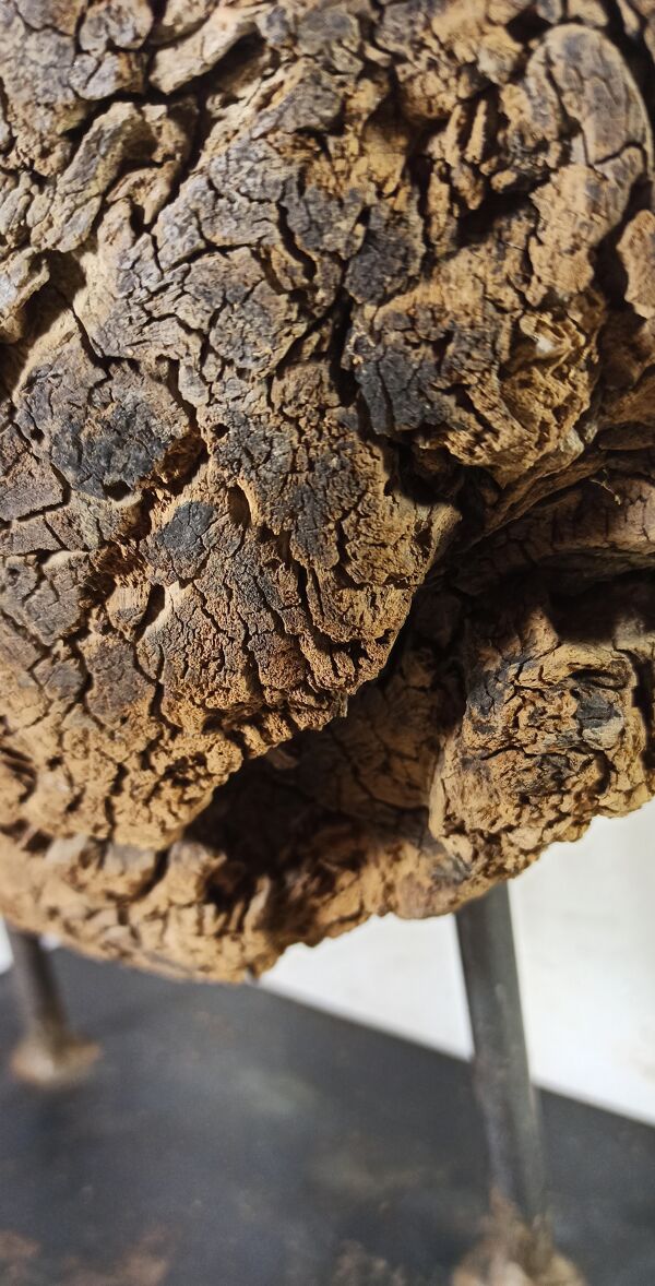 Ancienne roue de poulie en bois sur pied