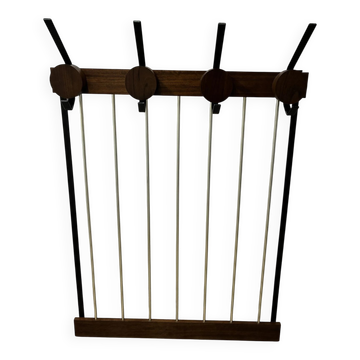 Mid-century teak and metal wall coat rack with four hooks, 1960s