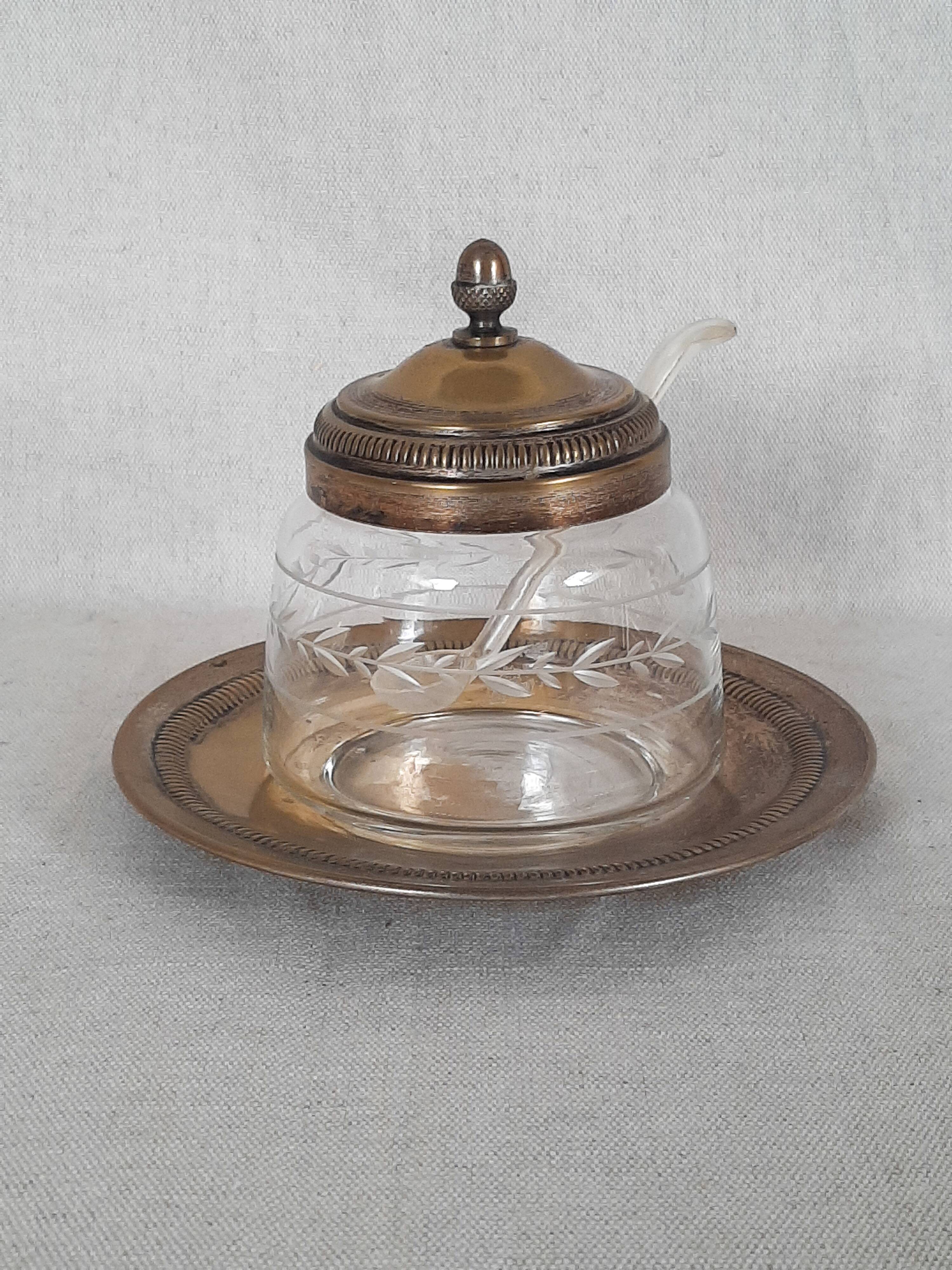 Engraved glass sugar bowl and silver-plated metal