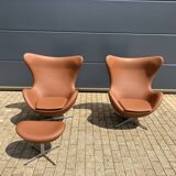 2x Fritz Hansen Egg Chair +1x Ottoman in Cognac leather NIEUW!!
