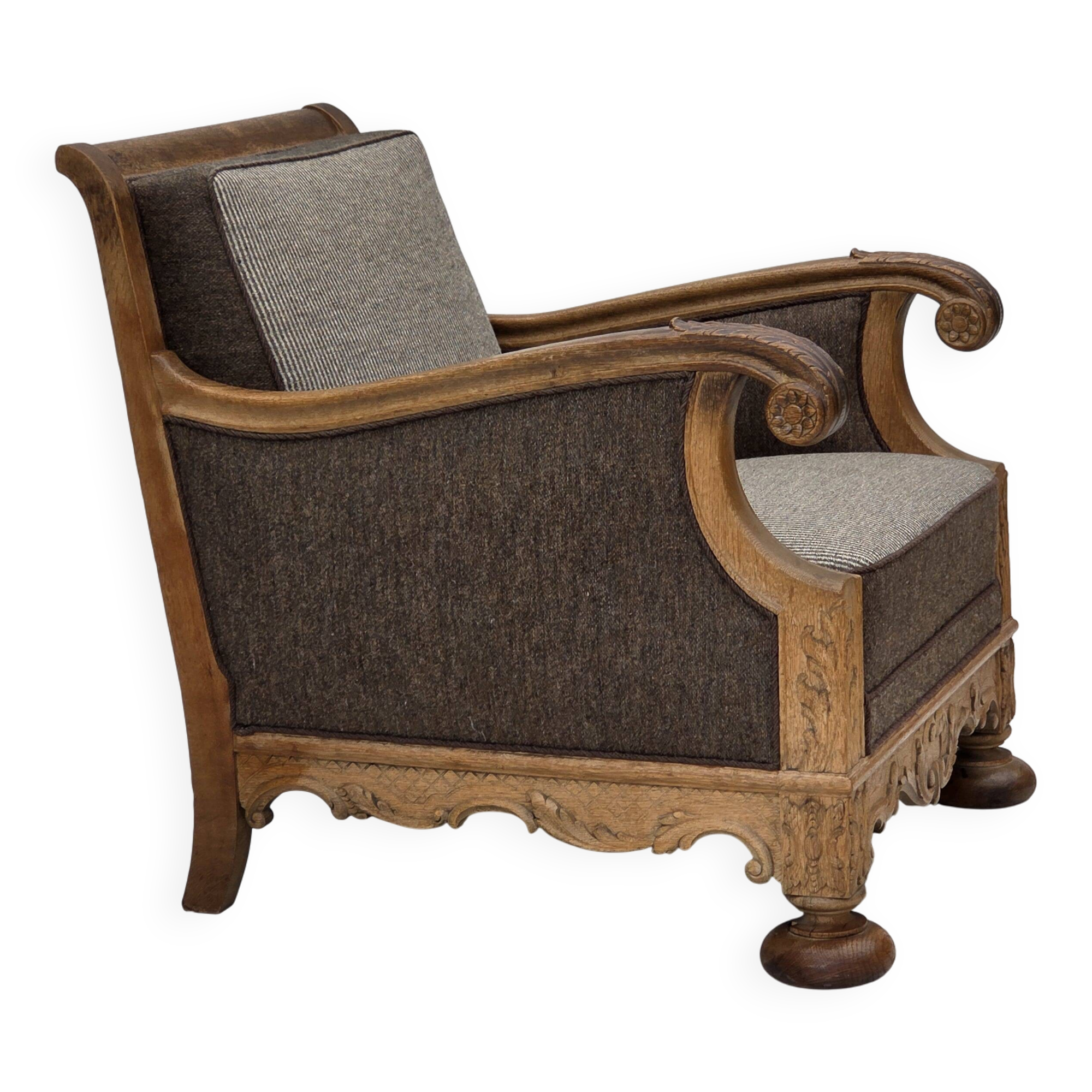1950s, Danish armchair, furniture wool, solid carved oak wood.