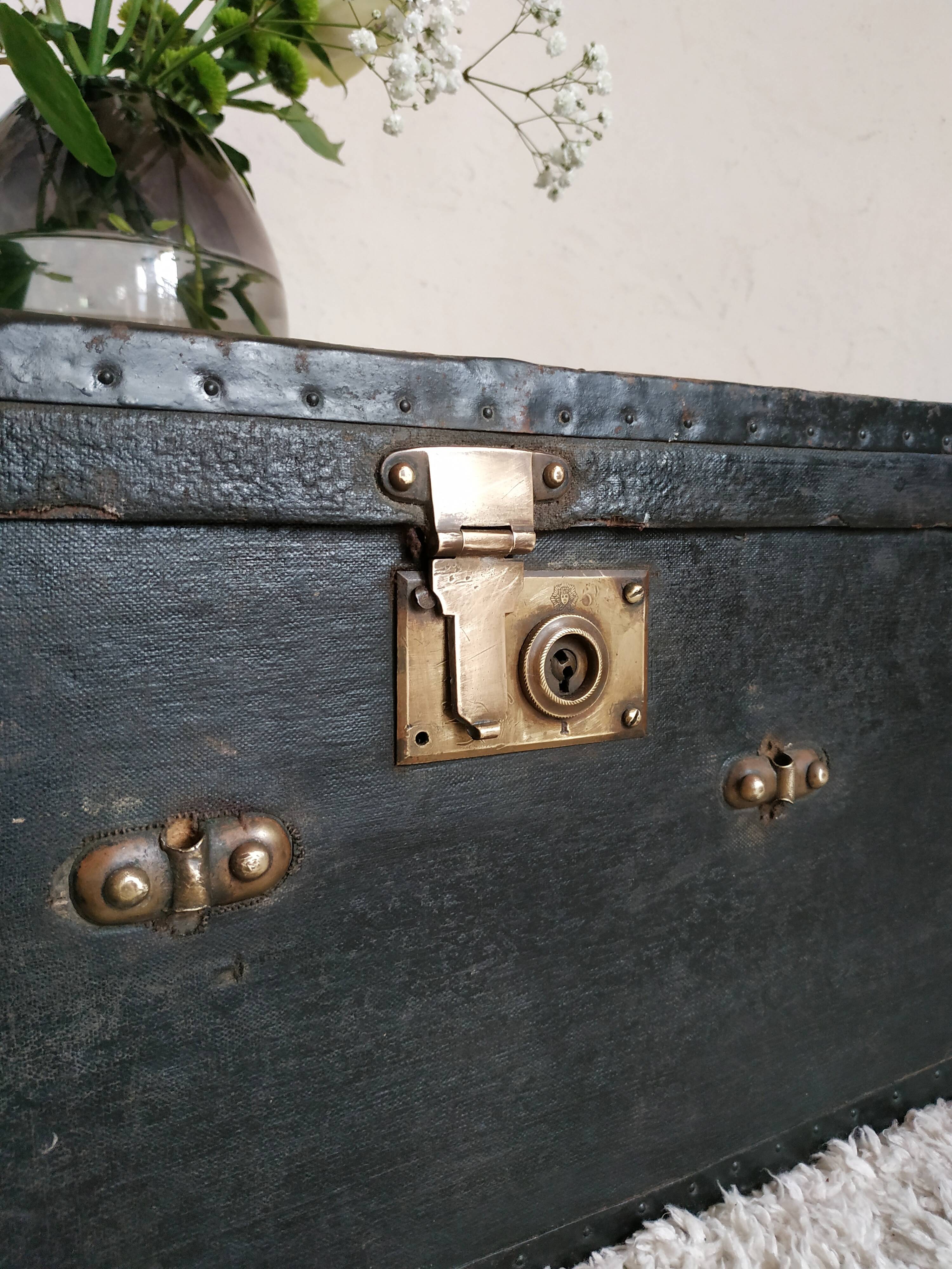 Old navy trunk, wooden chest and vintage leather