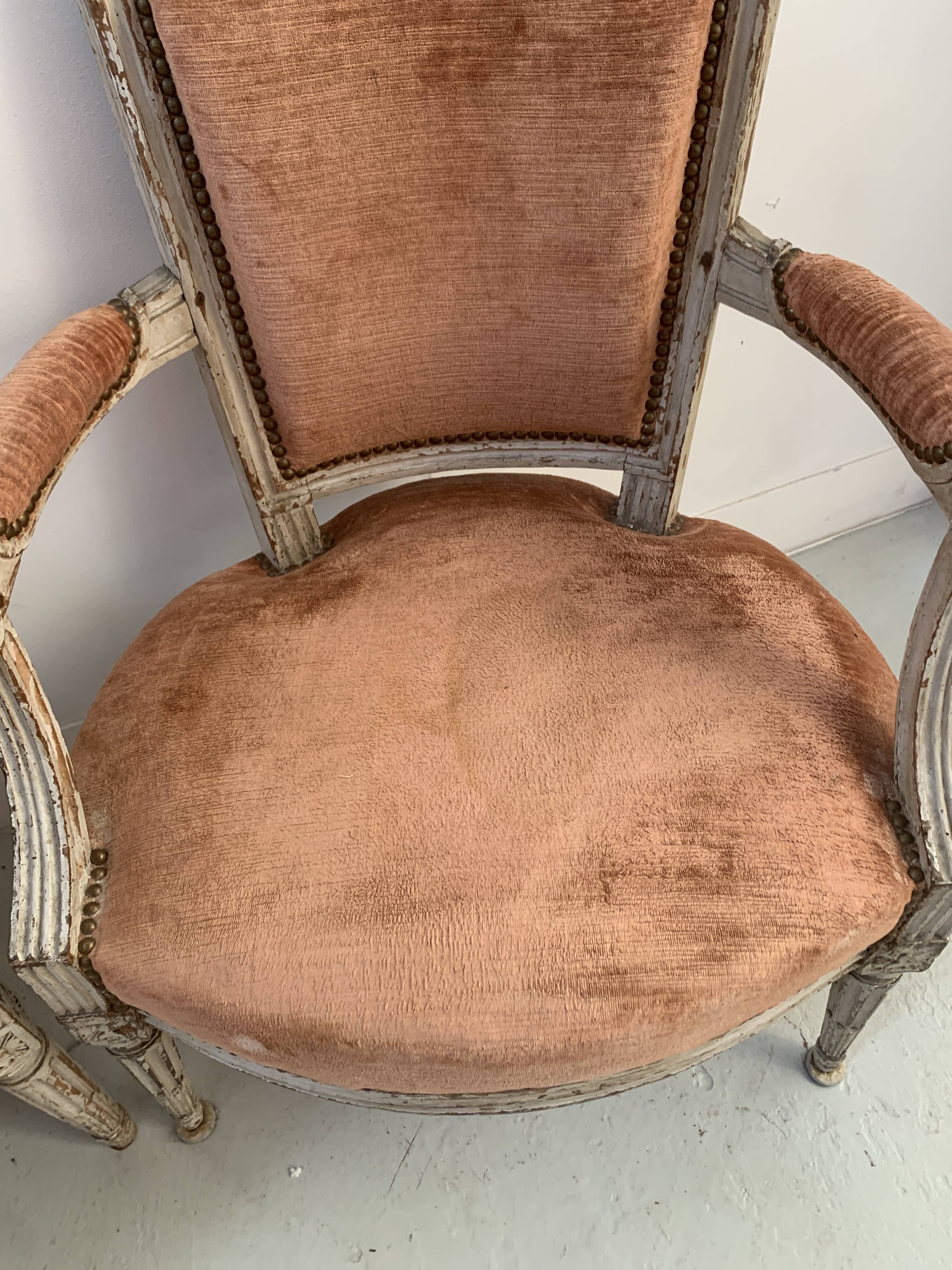 Pair of Louis XVI style armchairs in patinated beech, 19th century